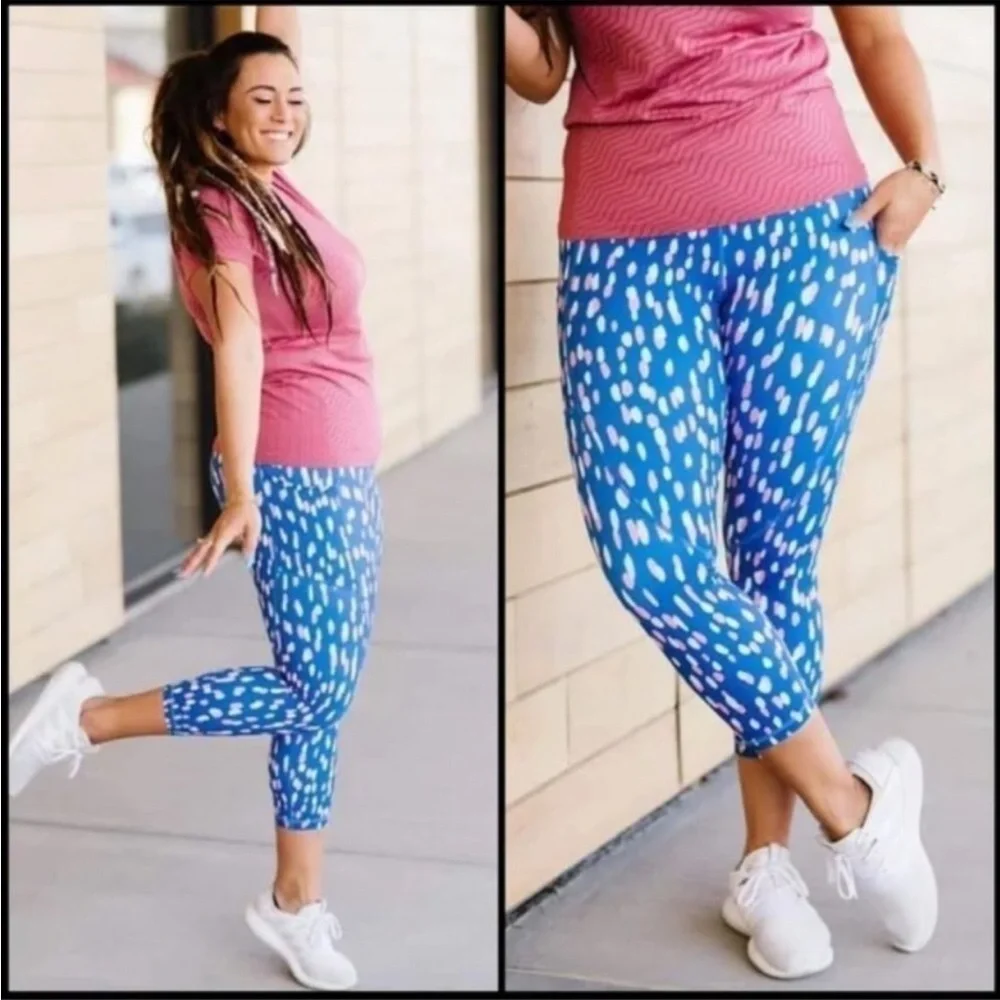 Zyia Drop Of Spring Pocket Light N Tight Leggings Cropped Blue Pink Size 2